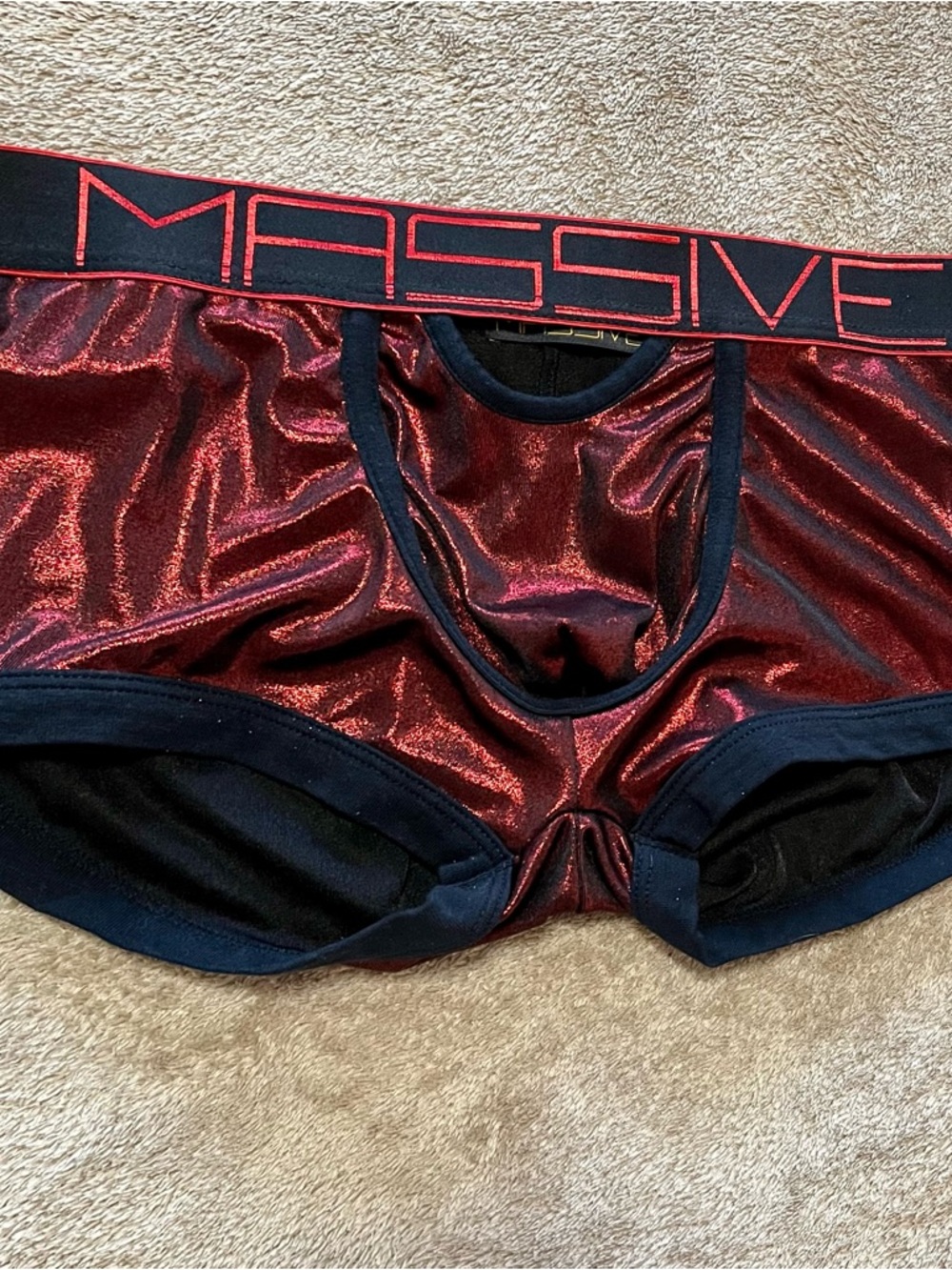 Andrew Christian Metallic Red Briefs with Peek a Boo Front, easy Access Back